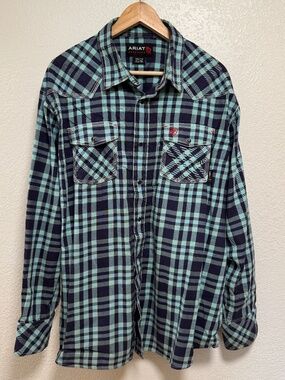 Ariat FR Flame Resistant Blue Plaid Western Snap Button Down Shirt CAT 2 Men XXL